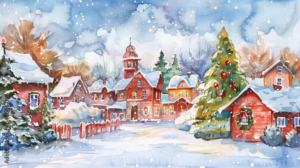 Fototapeta premium Watercolor painting of a snowy village scene with houses, church, decorated Christmas tree, snowflakes - festive tranquility during the holiday season.