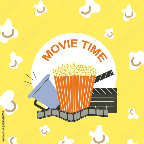 Movie time. Popcorn, megaphone, clapperboard and film reel. Vector illustration