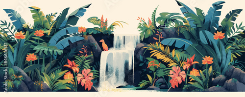 Tropical jungle waterfall with lush foliage and wildlife Vector flat minimalistic isolated illustration