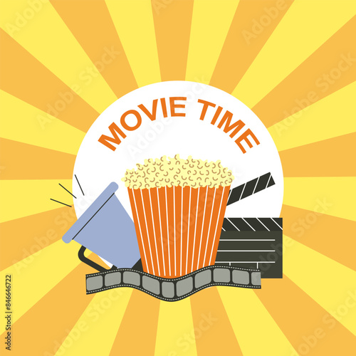 Movie time. Popcorn, megaphone, clapperboard and film reel. Vector illustration