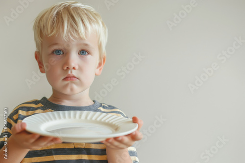 A young child with expressive blue eyes holds an empty plate, looking forlorn, against a simple, neutral background.