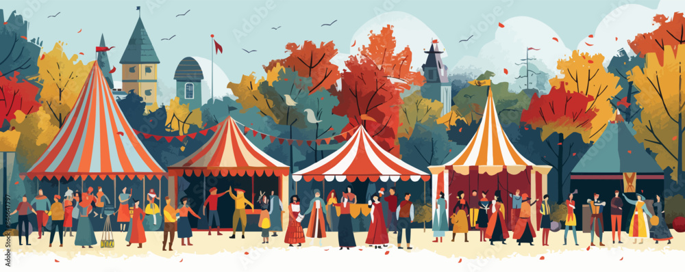 Renaissance fair with costumed performers and period tents. Vector flat minimalistic isolated illustration. Renaissance fair with costumed performers and period tents. Vector flat minimalistic isolated illustration.