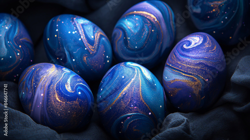 Surrealism of shiny blue and purple eggs with marble texture,
Hand drawn Easter eggs with a sky theme, Space eggs, Illustration of glowing galaxy eggshells