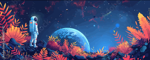 new planet with strange flora and fauna. Vector flat minimalistic isolated illustration.