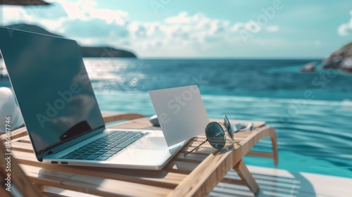 Sunny Workday Digital Nomad Essentials Laptop Sunglasses and Business Cards on a Beach Chair by the Sea