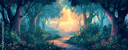 A mystical fairy forest with ancient trees and hidden pathways leading to secret glades. Vector flat minimalistic isolated illustration.