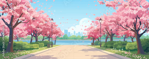 A tranquil riverside promenade lined with cherry blossom trees in full bloom. Vector flat minimalistic isolated