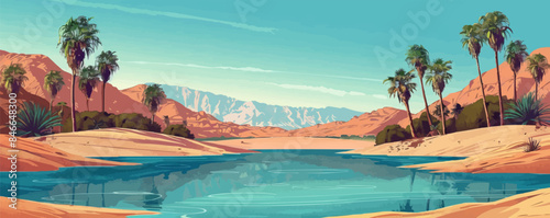 A tranquil oasis in the middle of a desert with palm trees and a clear blue pond. Vector flat minimalistic isolated