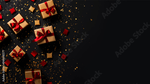 Black background. Xmas black red gift box and gold ribbon bow viewed from above for text Merry Christmas, Happy New Year and Black Friday season. Horizontal banner, website. Vector illustration