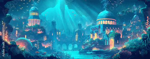 A mystical underwater city with domed buildings and underwater gardens. Vector flat minimalistic isolated