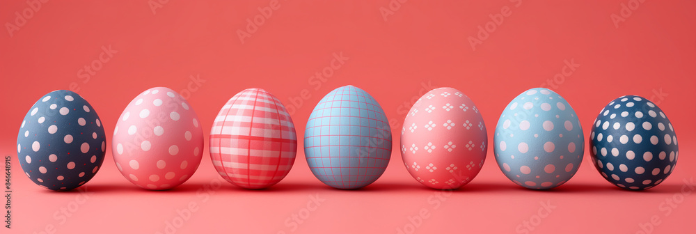 A row of seven Easter eggs in pastel colors against a pink background. A row of seven Easter eggs in pastel colors against a pink background.