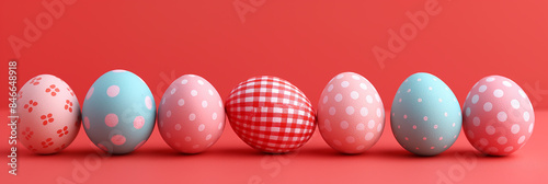 A row of seven Easter eggs in pastel colors against a pink background. photo