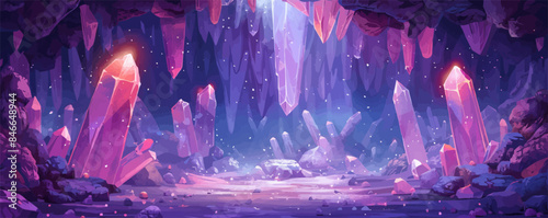 Crystal cavern shimmering with radiant gemstones and stalactites. Vector flat minimalistic isolated
