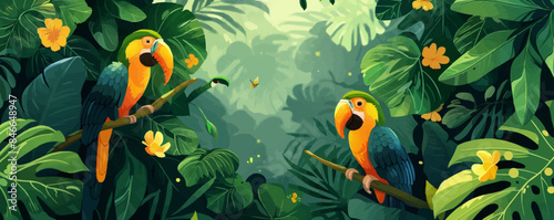 Tropical rainforest canopy with exotic birds Vector flat minimalistic isolated