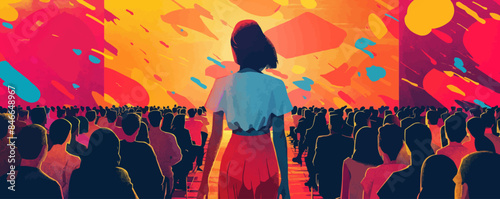 Model in stylish clothing at a fashion show. Vector flat minimalistic isolated