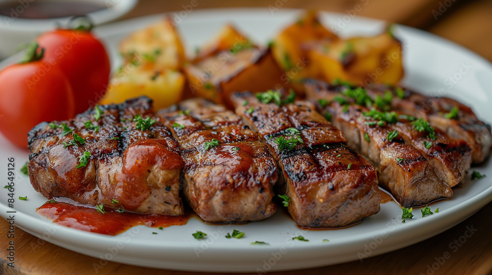 Succulent portions of grilled fillet mignon served with baked potatoes on a plate Succulent portions of grilled fillet mignon served with baked potatoes on a plate