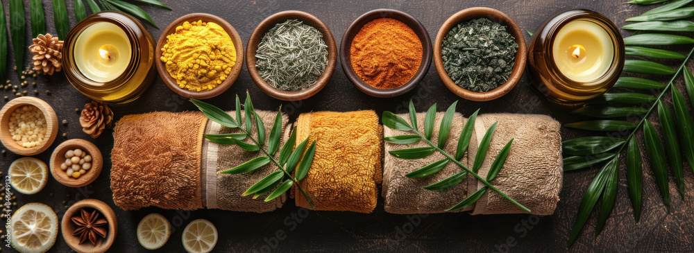 A table with a variety of spices and herbs, including some that are green and yellow. There are also candles and a few lemons on the table A table with a variety of spices and herbs, including some that are green and yellow. There are also candles and a few lemons on the table