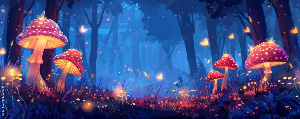 Fototapeta premium A magical forest with towering trees and glowing mushrooms. Vector flat minimalistic isolated illustration.