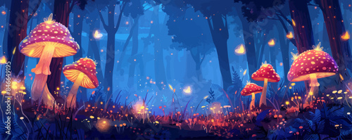 A magical forest with towering trees and glowing mushrooms. Vector flat minimalistic isolated illustration.