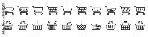 Set of linear icons shopping cart and basket icons in a store. Trolley and grocery basket . Blank template. Vector illustration.