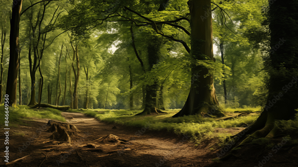 Naklejka premium Serene Forest Trail with Majestic Trees