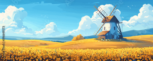 Rustic windmill amidst golden fields Vector flat minimalistic isolated illustration