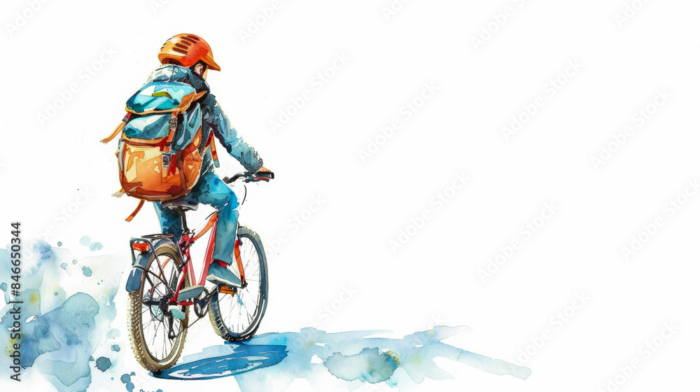 Obraz premium Child Bicycling to School on a Sunny Day Watercolor Illustration on White Background