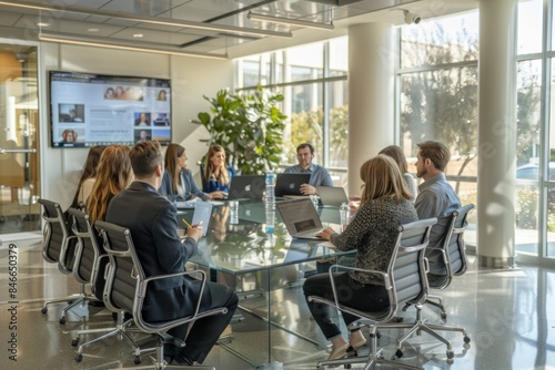 Group of professionals engaged in a business meeting, brainstorming and discussing ideas in a modern office setting.