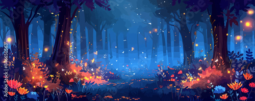 A mystical forest glade with glowing fireflies and hidden treasures. Vector flat minimalistic isolated illustration.