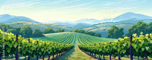 A picturesque vineyard with rows of grapevines in neat formation. Vector flat minimalistic isolated illustration.