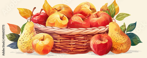 Basket of freshly picked apples and ripe pears with leaves on a clean white backdrop. Vector flat isolated illustration.