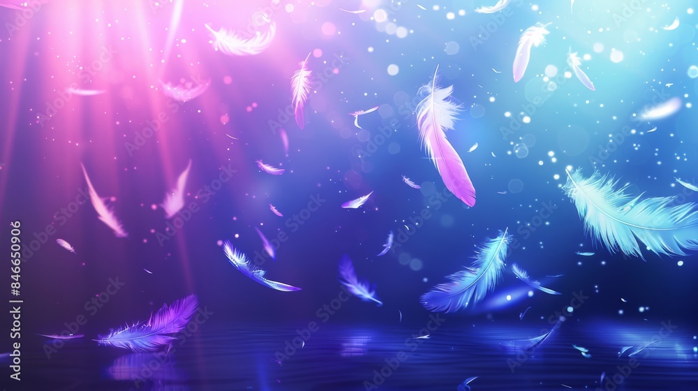 Holographic feathers floating in a dark with light reflections. Holographic feathers floating in a dark with light reflections.