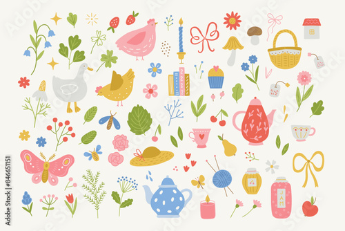 Cottage core collection - hen, goose, flowers, apple, pear, cherry, cup