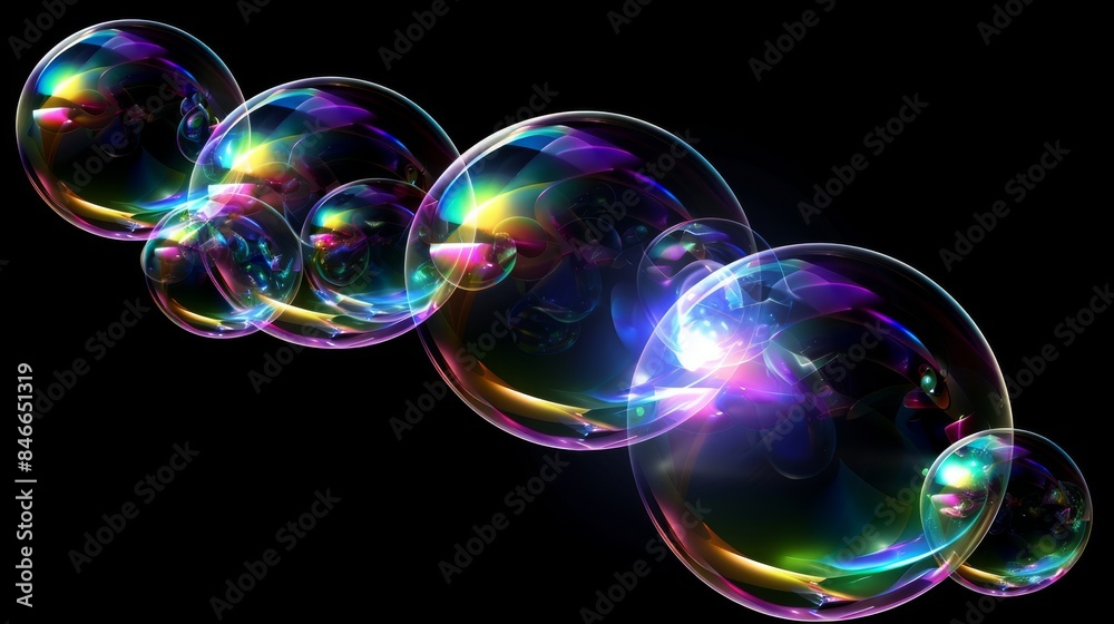 soap bubbles floating in front of a black background.