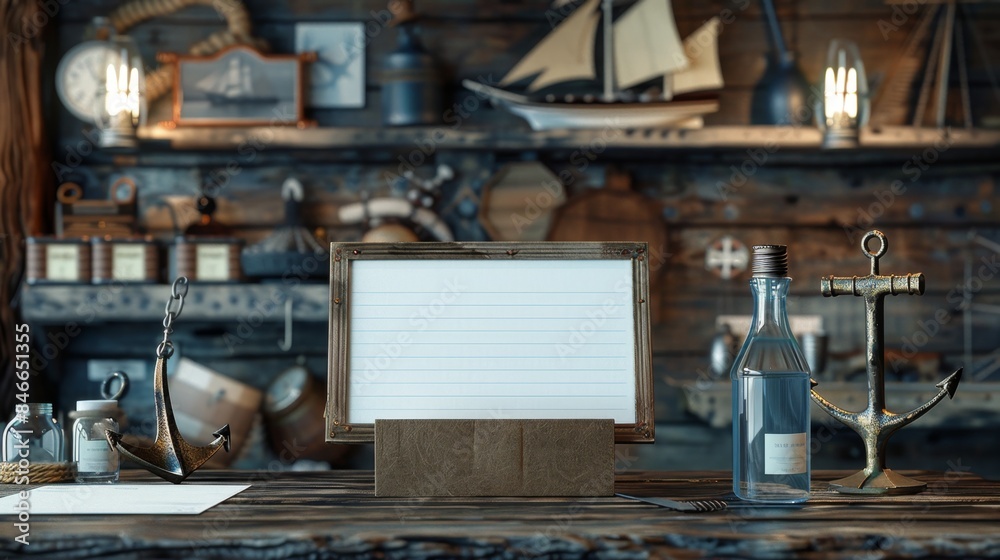 Maritime Mastery NauticalThemed Event Planner's Desk with Ship in a Bottle and Anchor Paperweight Blank Business Cards for Custom Branding and Personalization Maritime Mastery NauticalThemed Event Planner's Desk with Ship in a Bottle and Anchor Paperweight Blank Business Cards for Custom Branding and Personalization