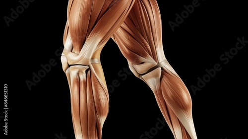 A close-up of a person muscle thigh the quadriceps muscle group on black background