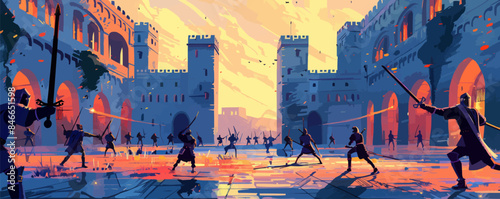 Medieval castle courtyard with knights practicing swordsmanship Vector flat minimalistic isolated illustration