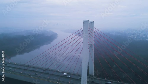 Most siekierkowski na Wiśle w warszawie podczas mgły z lotu ptaka photo