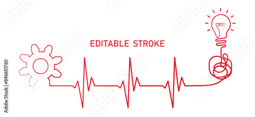 Editable lines heart rhythm illustration with lightbulb, gear, heartbeat line vector design to use for healthcare, business idea, healthy lifestyle, medicine, ekg concept illustration projects. 