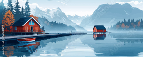 A tranquil lakeside retreat with wooden cabins and fishing boats on the dock. Vector flat minimalistic isolated illustration.