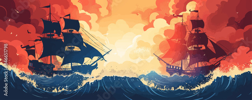 A hidden cove sheltering a fleet of weathered pirate vessels amidst rocky cliffs. Vector flat minimalistic isolated illustration.