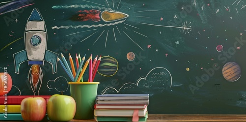 School desk with rocket drawing, books, and apple, back to school setup. Back to school concept. 