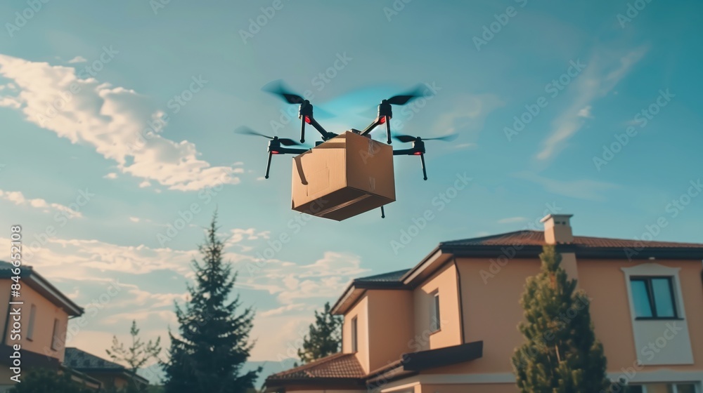Delivery drone carrying a package over suburban houses at sunset, showcasing modern technology and aerial logistics innovation. Delivery drone carrying a package over suburban houses at sunset, showcasing modern technology and aerial logistics innovation.