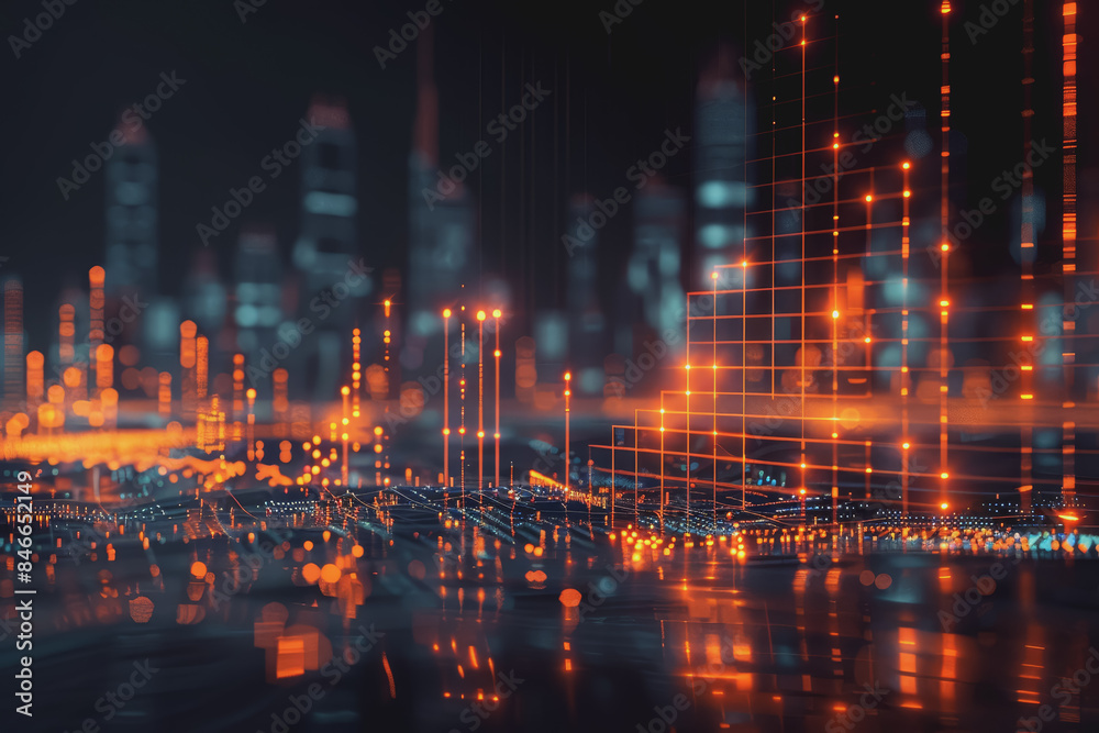 Financial chart graph shining in the city with business and blurred night scene in the background.