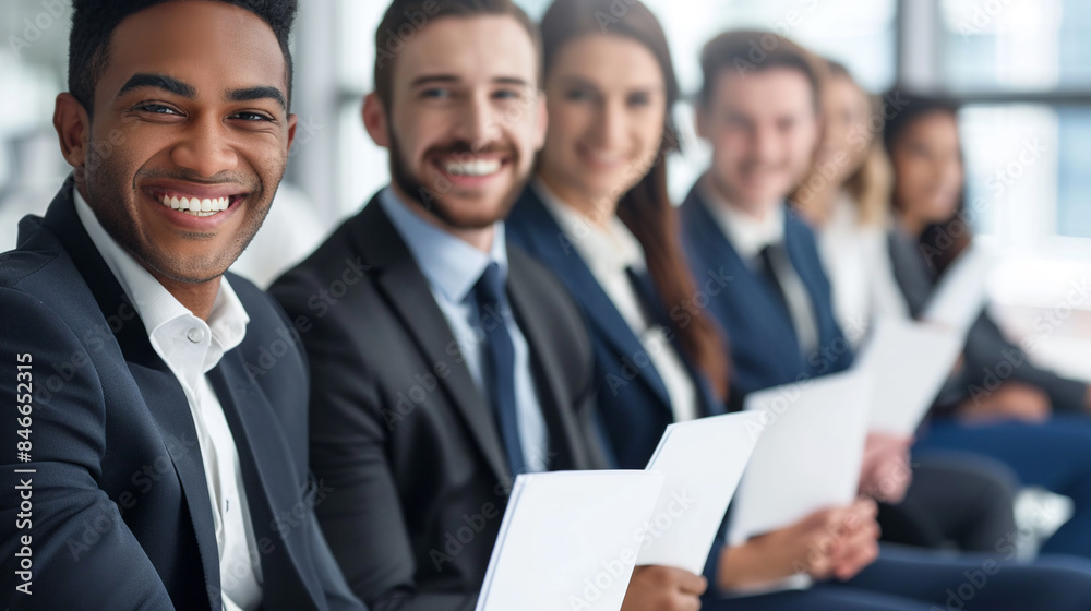 Different people in elegant clothes, with paper documents, job resumes, waiting in line for an interview or a business meeting at a recruitment agency. Different people in elegant clothes, with paper documents, job resumes, waiting in line for an interview or a business meeting at a recruitment agency.