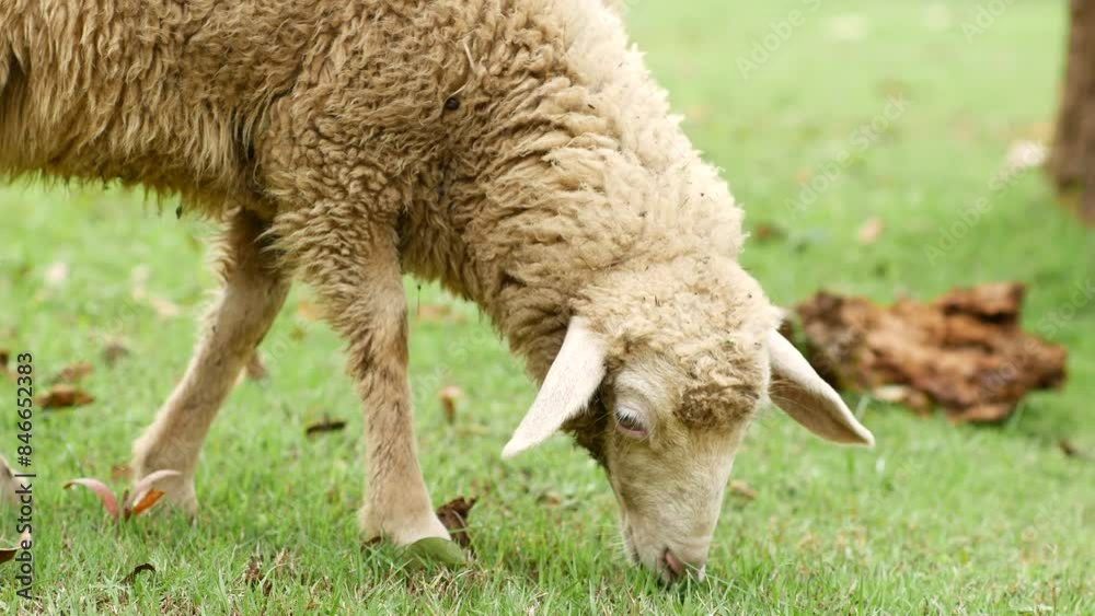 Sheep grazing in a green field, eating grass and looking at the viewer Sheep grazing in a green field, eating grass and looking at the viewer