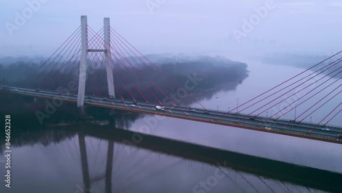 Most Siekierkowski w Warszawie we mgle, z drona rano. photo