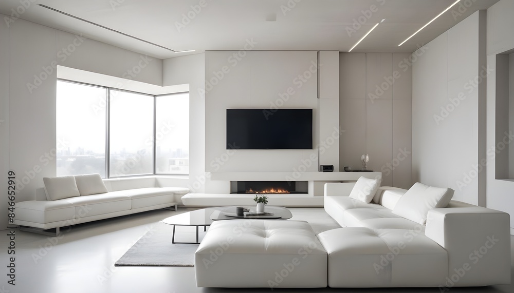 High end modern living room with white leather couch and a large flat screen tv mounted on the wall, brutalist architecture mixed with modern futuristic minimal design High end modern living room with white leather couch and a large flat screen tv mounted on the wall, brutalist architecture mixed with modern futuristic minimal design