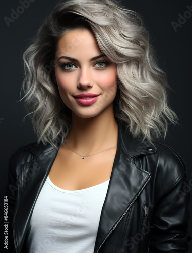 Portrait of beautiful woman with hairstyling in black leather jacket.