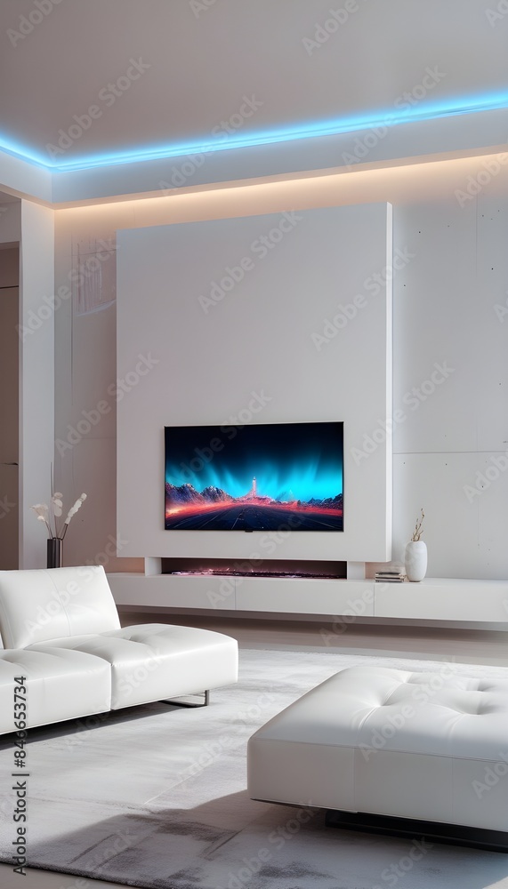 High end modern living room with white leather couch and a large flat screen tv mounted on the wall, brutalist architecture mixed with modern futuristic minimal design High end modern living room with white leather couch and a large flat screen tv mounted on the wall, brutalist architecture mixed with modern futuristic minimal design